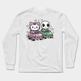 Cute kitty cat and alien in crazy cars Long Sleeve T-Shirt